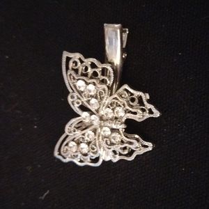 Vintage Silver Tone Filigree W/ Clear Rhinestone Butterfly Hair Clip
